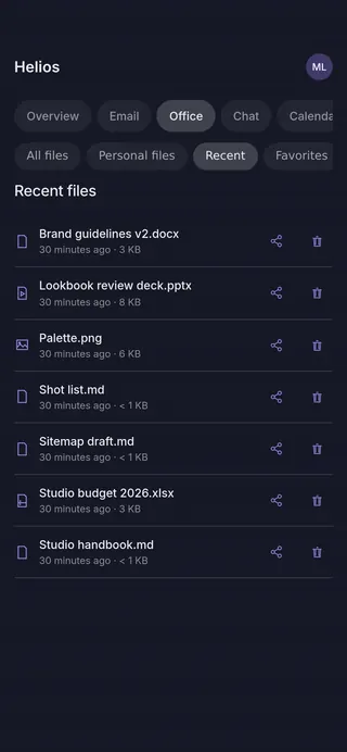 Helios Files on a phone: the Office tab's Recent files, seven documents, each with share and delete buttons.