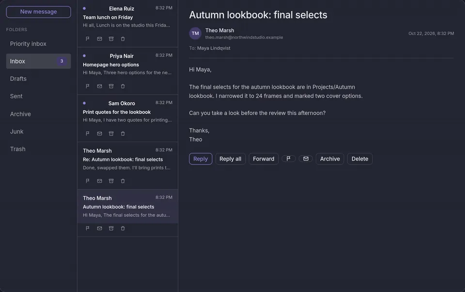 Helios Mail: folders, an inbox of messages from colleagues at Northwind Studio, a fictional design studio, and an open message from Theo Marsh, “Autumn lookbook: final selects”, with Reply, Forward and Archive buttons.