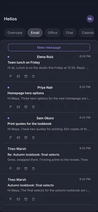 Helios Mail on a phone: the Email tab of the Helios workspace, with five inbox messages, three of them unread.