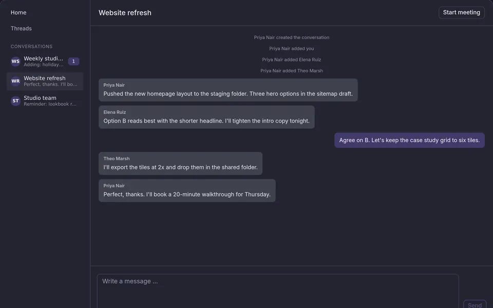 Helios Chat: three team conversations, and the open Website refresh conversation, where four colleagues agree on a homepage option, with a Start meeting button.