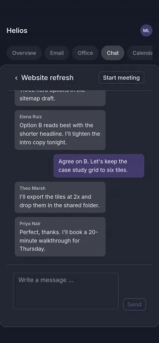 Helios Chat on a phone: the Website refresh conversation, with messages from colleagues, a reply box and a Start meeting button.
