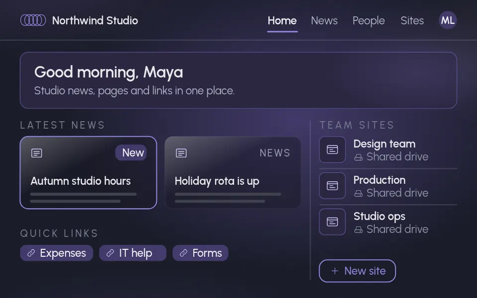The Northwind Studio intranet home page: a greeting banner, the latest news with a new post, quick links, and team sites that each have a shared drive.